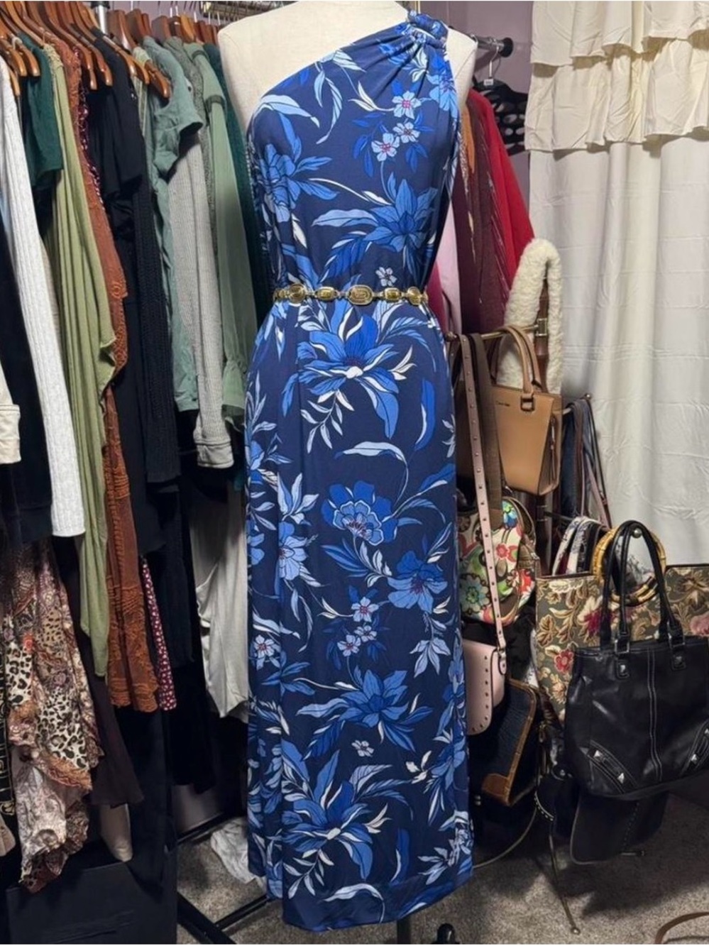 Tommy Bahama Navy Blue Floral One-Shoulder Maxi Dress
